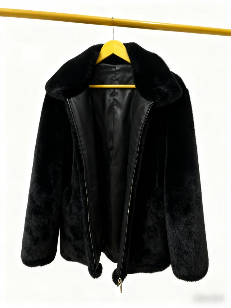 翻领保暖冬季人造仿水貂皮草时尚皮大衣黑色方领厚款