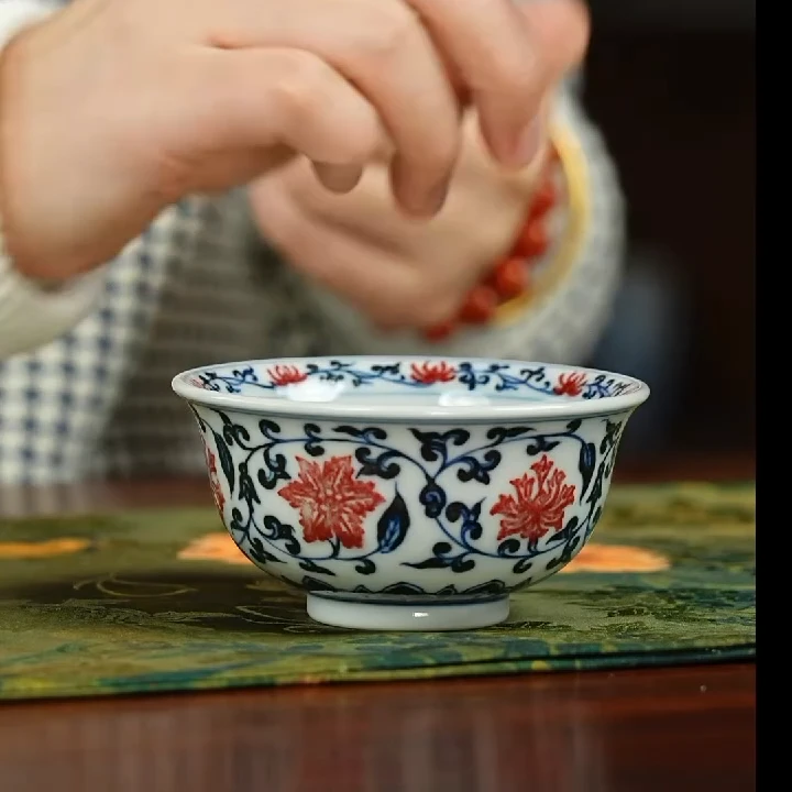 【小乔赏瓷】l林涛小馆景德镇手工手绘釉里红缠枝小压手杯