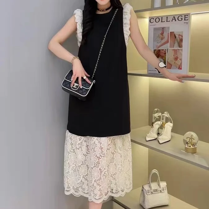 9099#拼接假两件连衣裙女2025夏季新款圆领无袖木耳边洋气长裙