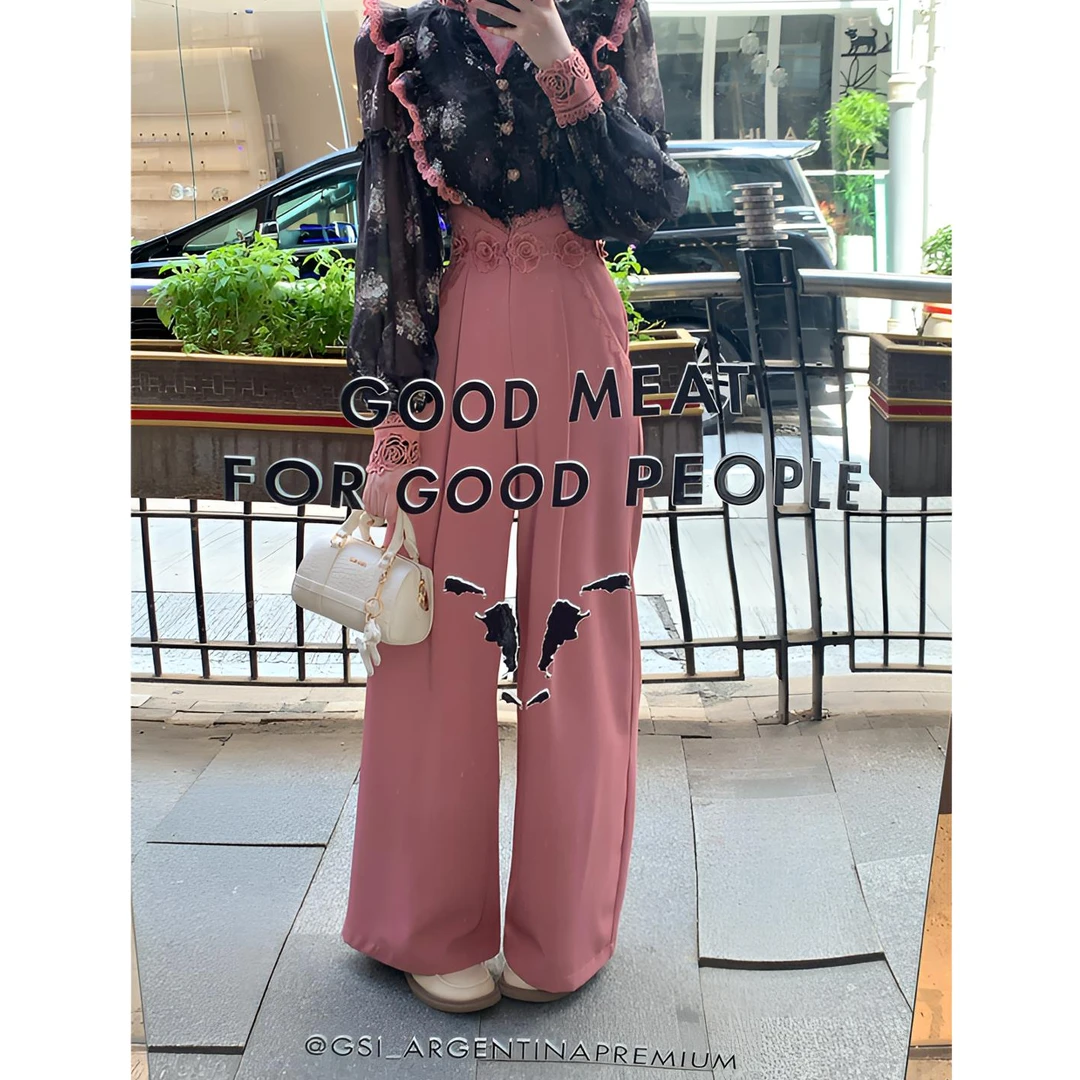 现货【一生罗曼】温柔百搭设计感休闲裤女立体花朵高级阔腿长裤K567