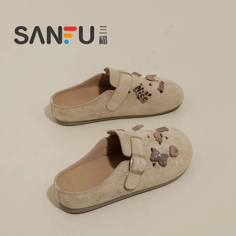 三福百搭厚底勃肯鞋女2025新款春夏外穿一脚蹬防滑包头半拖凉鞋女