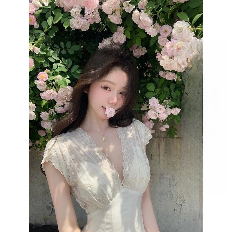 【纯白美神裙】重工蕾丝拼接收腰连衣裙夏季轻奢高级感网红款