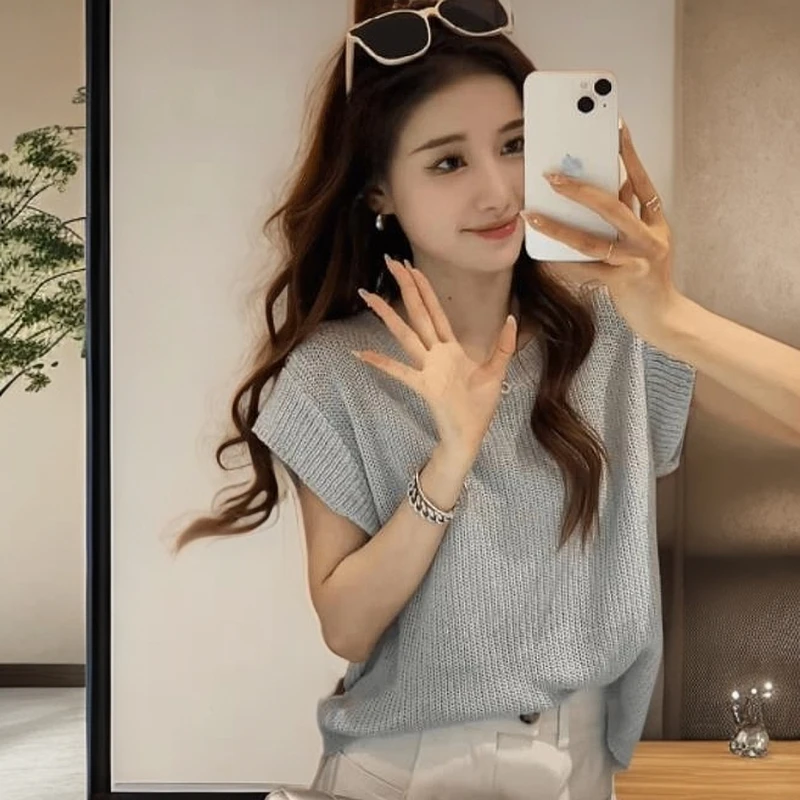 夏季新款BF风设计感针织短袖T恤修身别致镂空洋气打底上衣女
