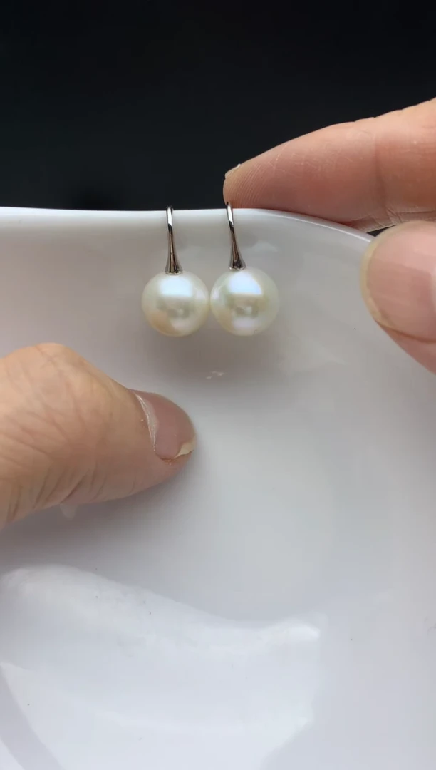 银S925镶嵌ff淡水珍珠白珠耳饰10~11mm