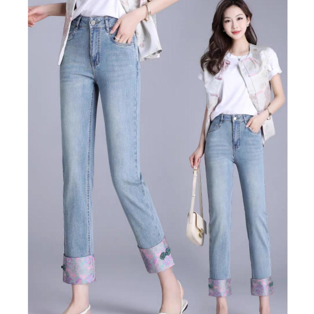 新中式国风烟管直筒牛仔裤女夏季新款九分裤5066# 裤长87