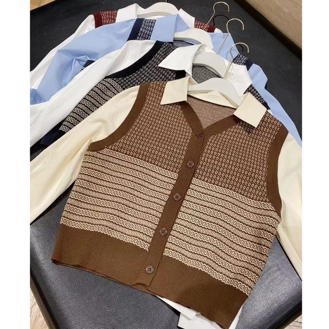 格子马夹条纹撞色针织百搭拼色假两件衬衫