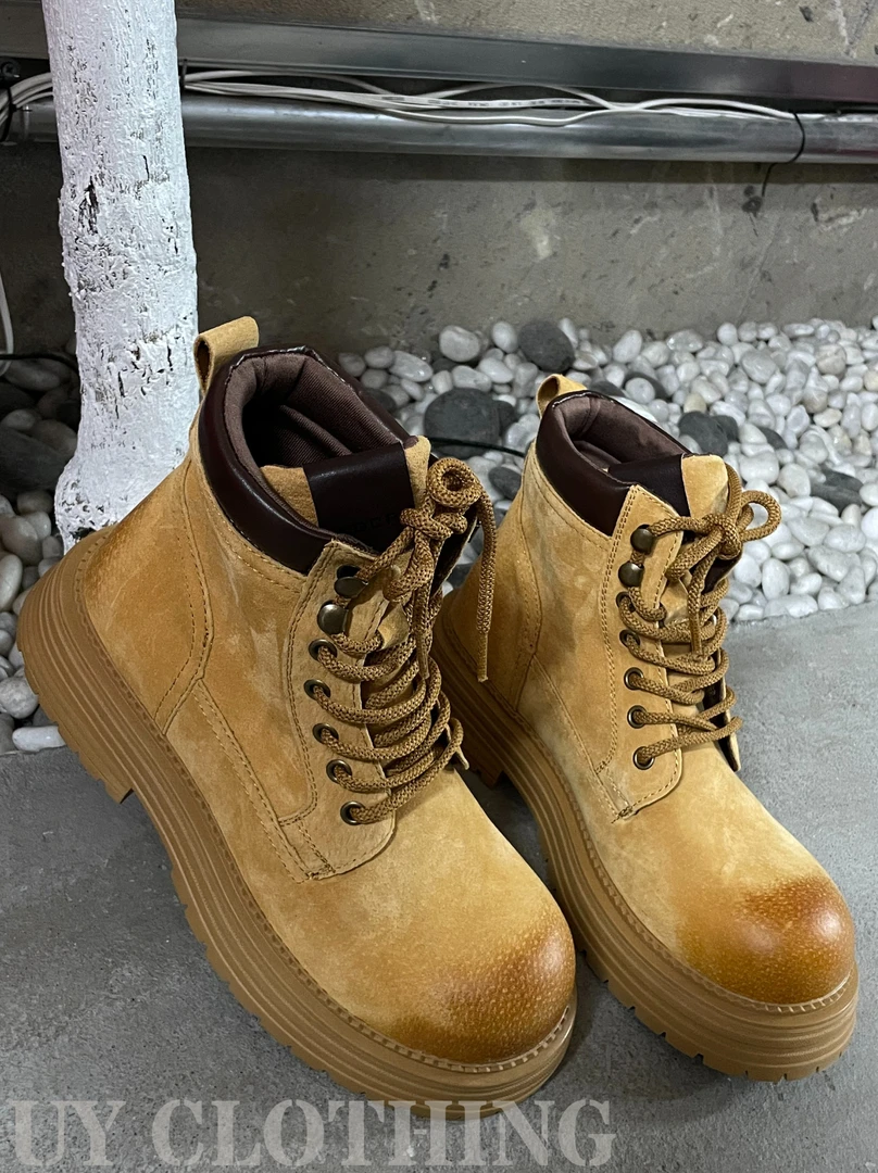 UY【厚底大黄靴】真皮复古英伦风马丁靴情侣户外防滑工装靴靴子高帮