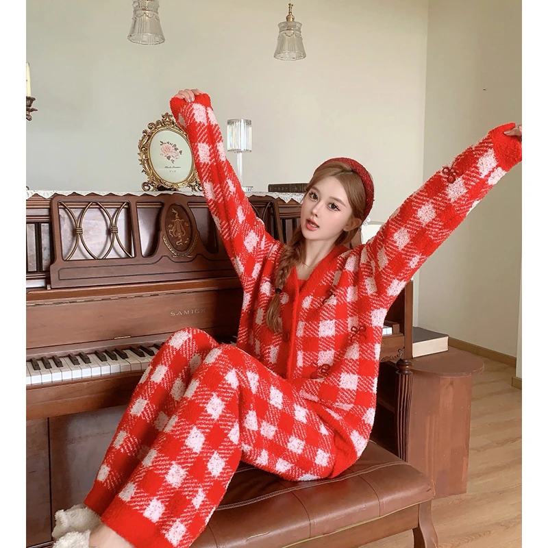 莫里伊【红格子蝴蝶结三件套】小众时尚设计可外穿保暖睡衣家居服