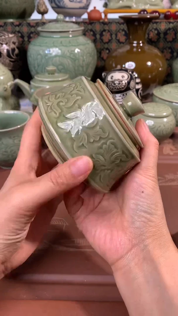 耀州窑瑕品釉色深汉阙手工刻花茶叶罐一只