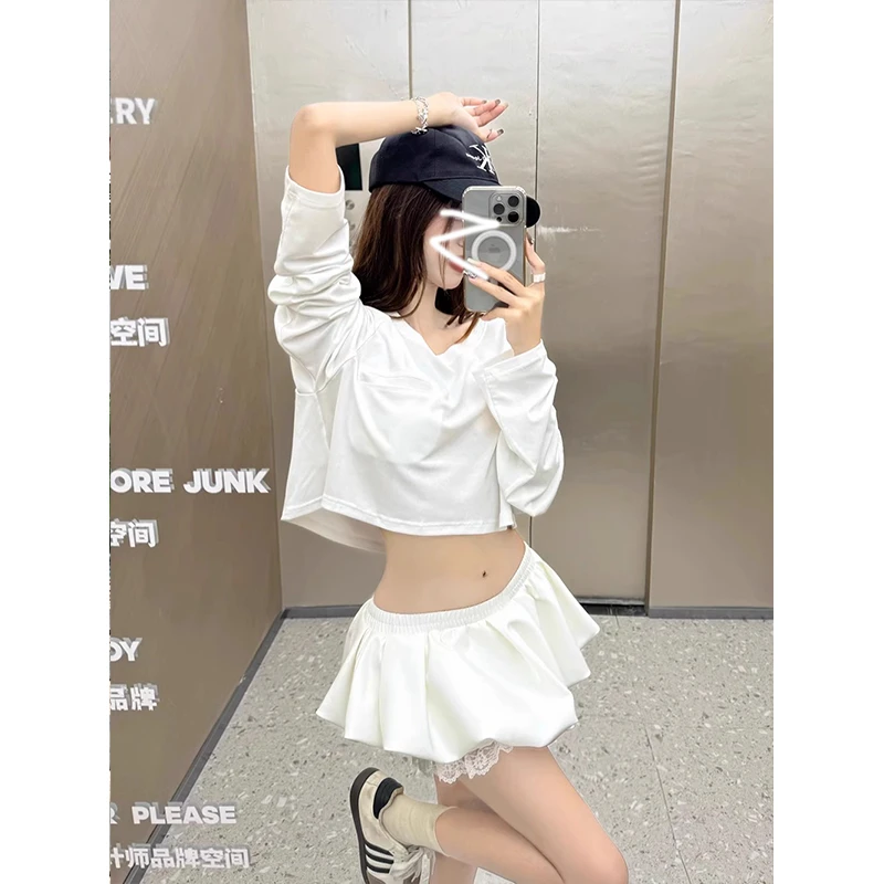 甜美辣妹套装长袖露肩短款T恤女春季低腰白色花苞半身裙两件套