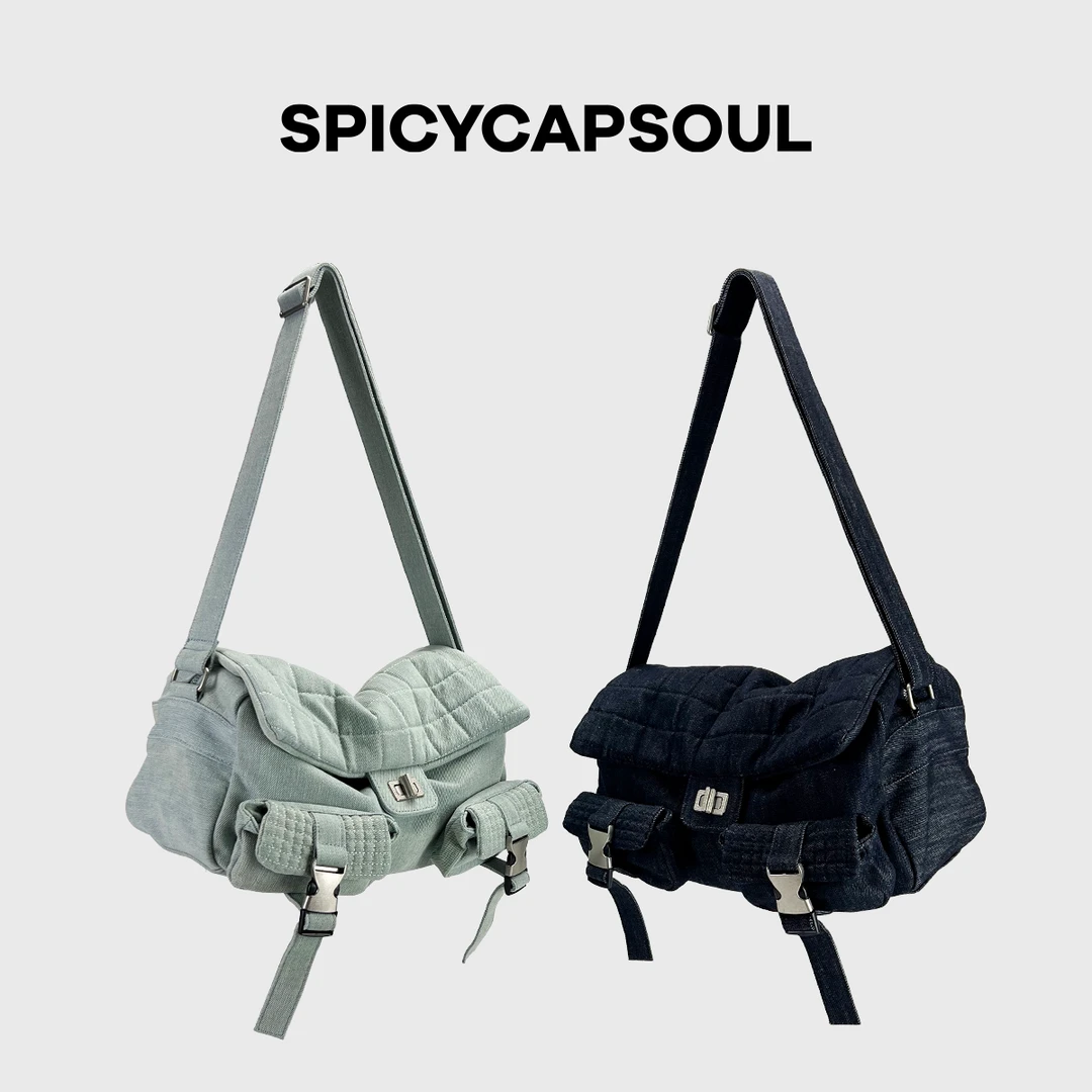 【青蛙包】SpicyCapSoul原创小众复古牛仔中古风菱格绣线单肩斜挎包