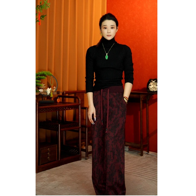 国风阔腿窄版裤秋冬慵懒高腰休闲直筒裤显瘦百搭