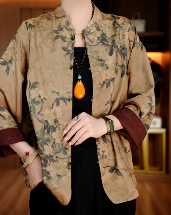 诺诗 新款洋气宽松显瘦优雅轻奢气质印花百搭小衫V25X097