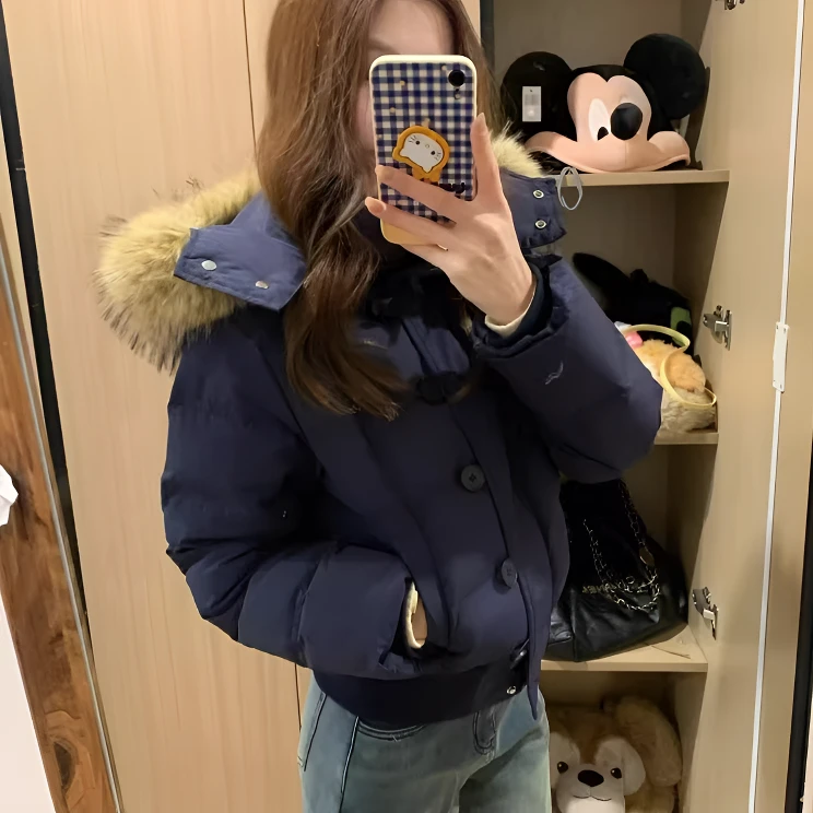 2025秋冬新款美式辣妹毛领连帽棉服时尚高级感收腰显瘦短款外套