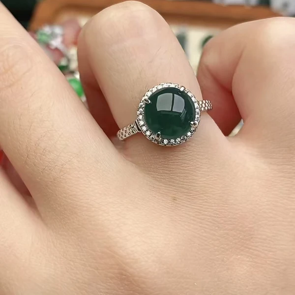 鑫辰珠宝天然A货翡翠银镶嵌设计款开口女戒指时尚百搭