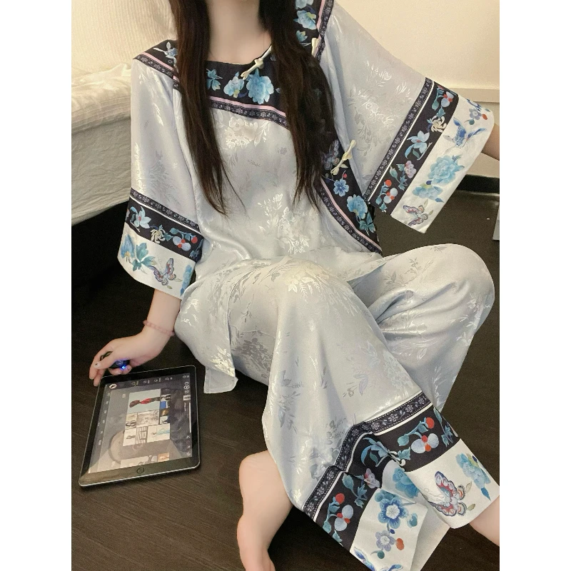 早秋新中式冰丝睡衣女夏款新款国风温柔复古短袖长裤家居服套装