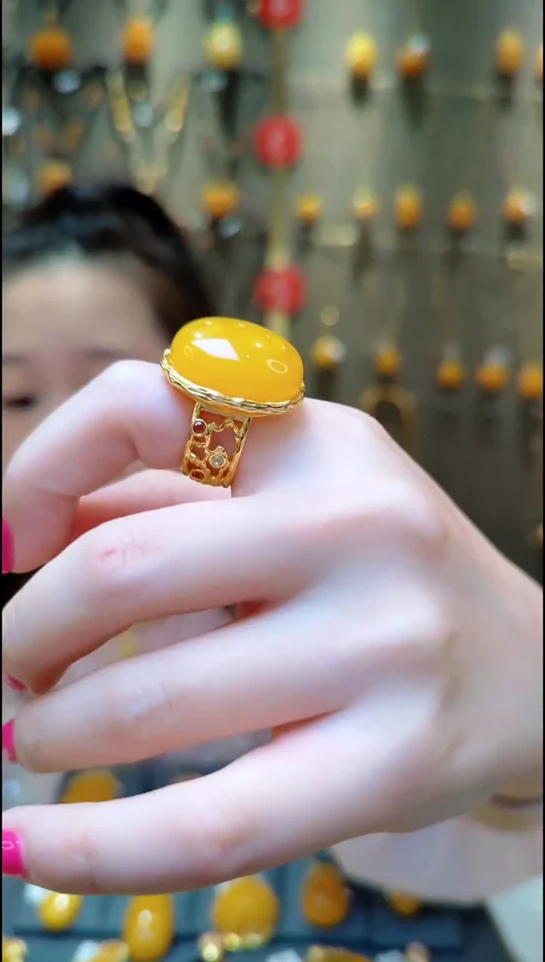 蜜蜡银S925镀金镶嵌戒指﹣E658蜜蜡戒指