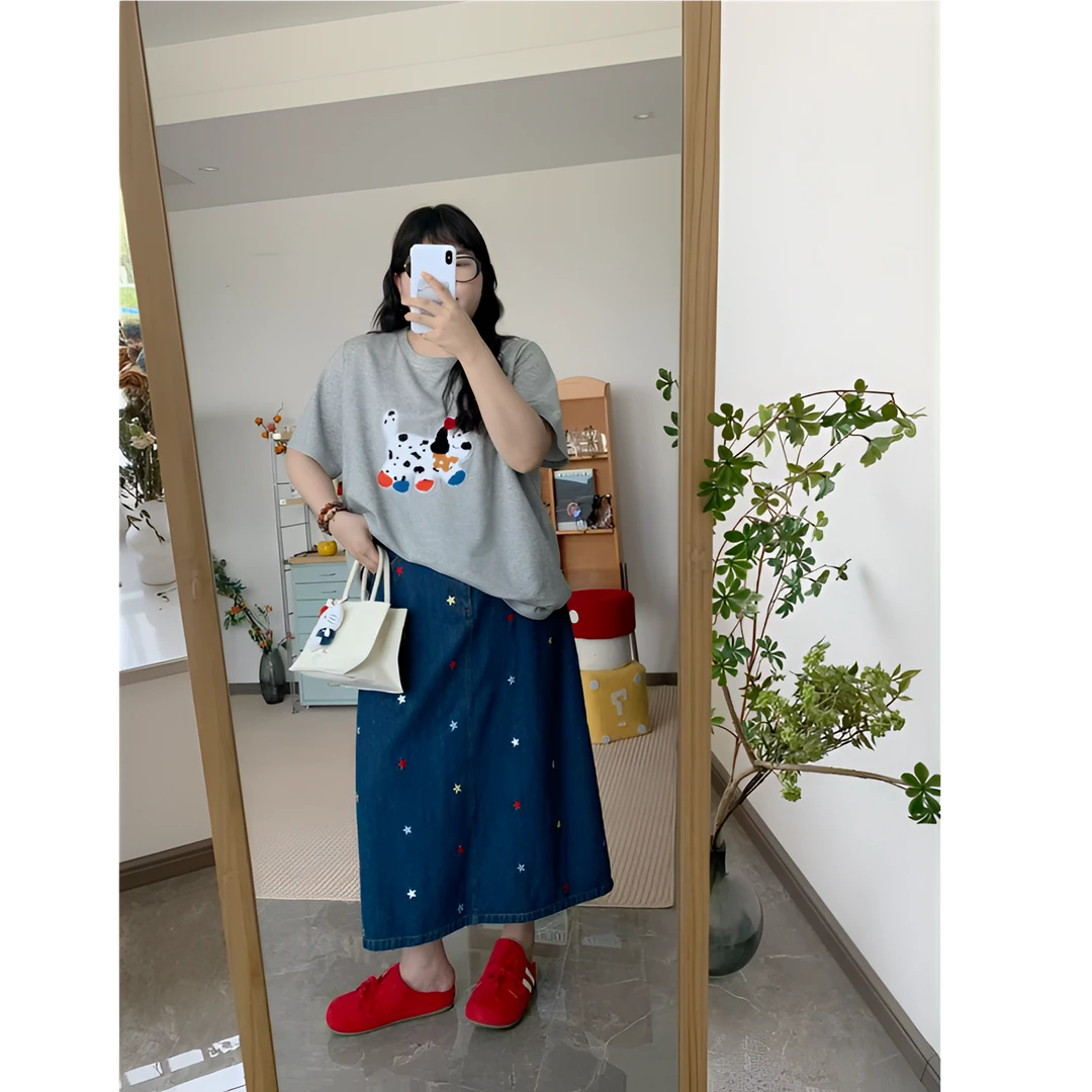 现货【鱼白专属】夏日记--韩系显瘦牛仔重工刺绣半身裙 0824