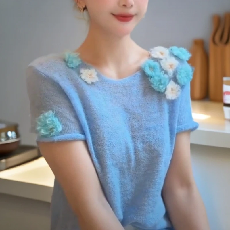 极简风短袖蕾丝套头宽松针织衫镂空圆领毛针织衫夏季女常规款气质