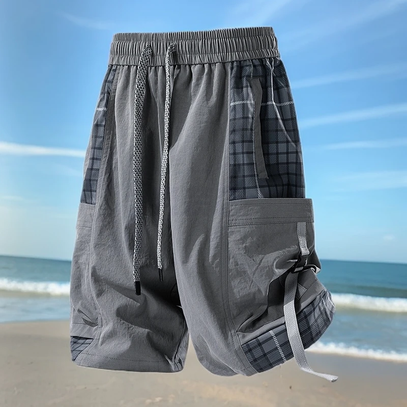 潮牌设计感宽松工装五分裤男士夏季短裤美式格子拼接休闲短裤男