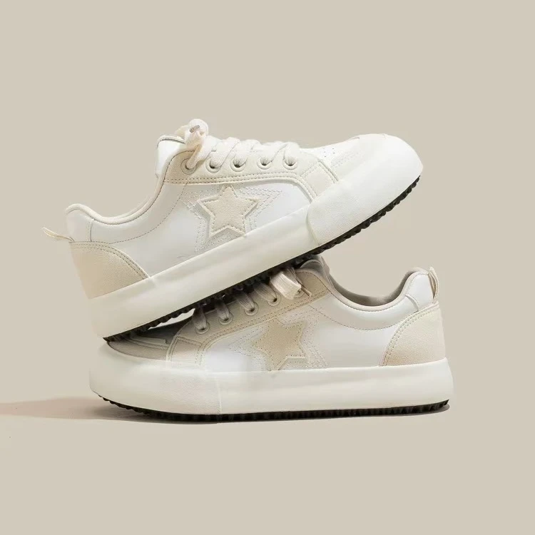 TP395米白新款皮面小白鞋女学生休闲百搭软底时尚系带运动板鞋