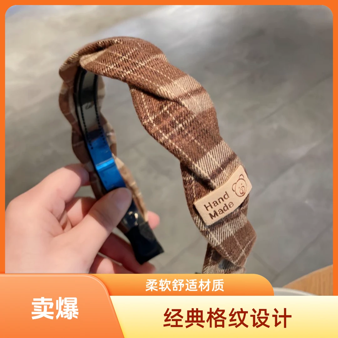 蝴蝶结发箍发卡高级感头箍发饰千鸟格复古格子格纹咖色气质法式