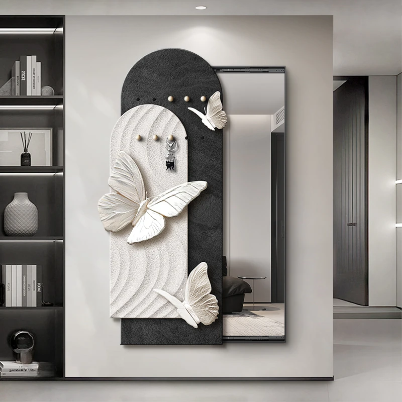 现代简约推拉隐藏式穿衣镜高级感蝴蝶洞洞板全身镜暗藏镜子画玄关