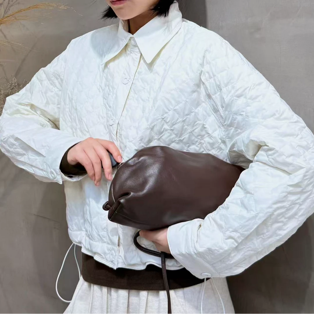 8321#气质轻薄鹅绒服女2025冬季新款菱形格翻领短款羽绒夹克外套