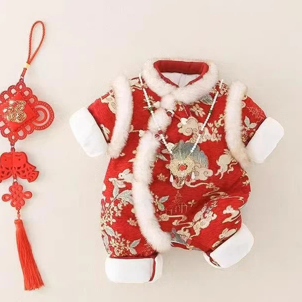 新款婴儿拜年服连体衣宝宝新年衣服加厚秋冬新生儿百天周岁礼服装