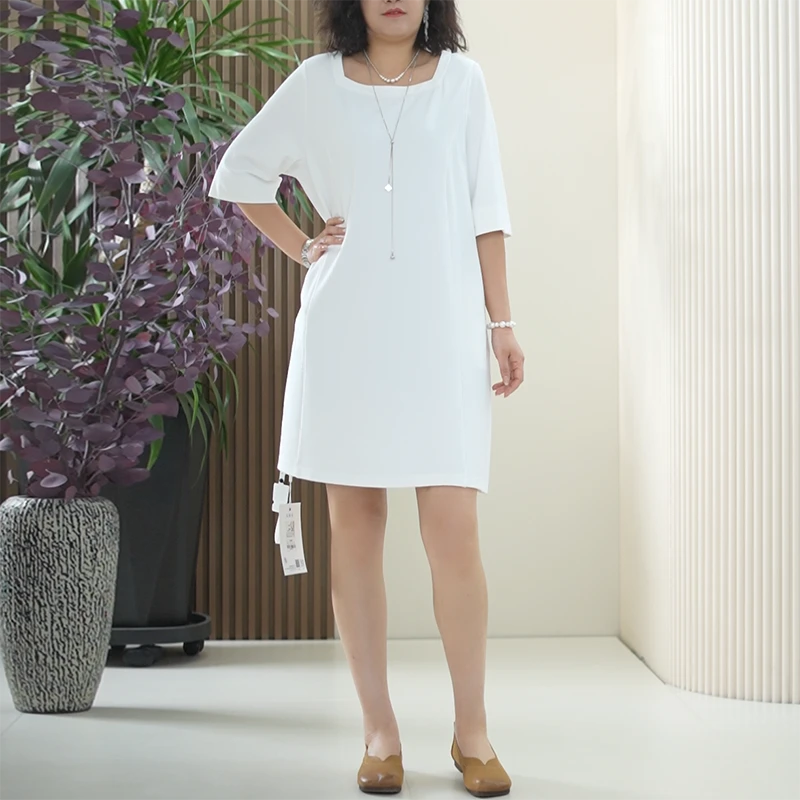 舒弹夏季罗马棉连衣裙大码方领显瘦挺括不贴身公主修容线T恤裙
