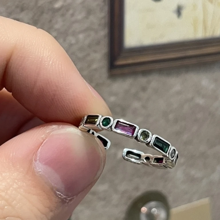 925银戒指 柒 J13159  彩色锆石拼接开口戒指 开口可调节