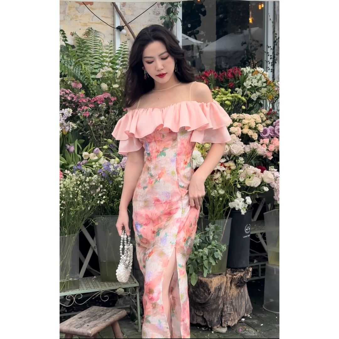 琼仪原创「塞纳花房」气质法式碎花轻奢修身优雅高腰连衣裙85023