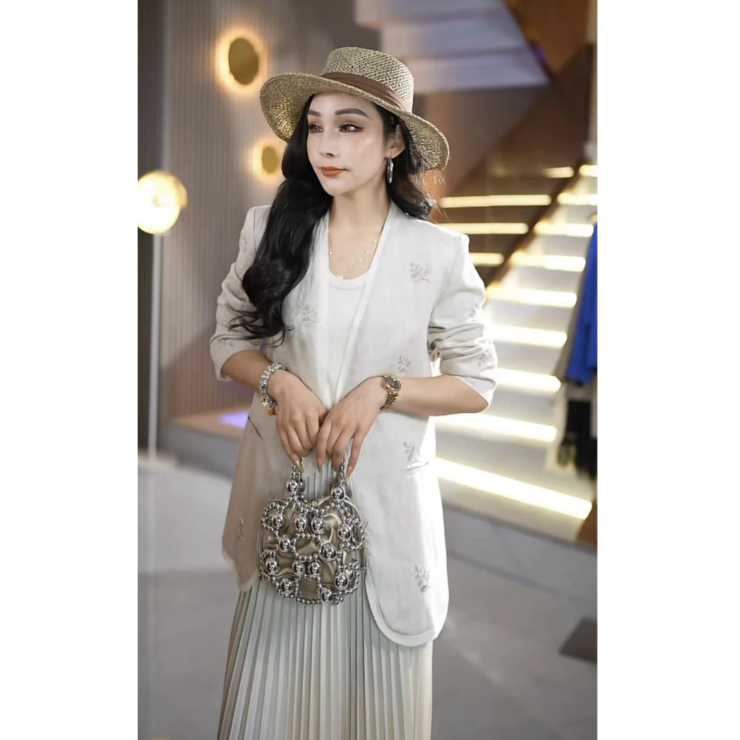 高端定制时尚百搭收腰显瘦无领100雨露亚麻重工刺绣西装ML25758XZ