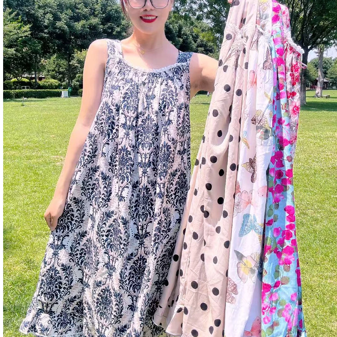 睡裙棉绸夏季女款2025新款人造棉棉绸宽肩吊带睡裙可外穿碎花裙