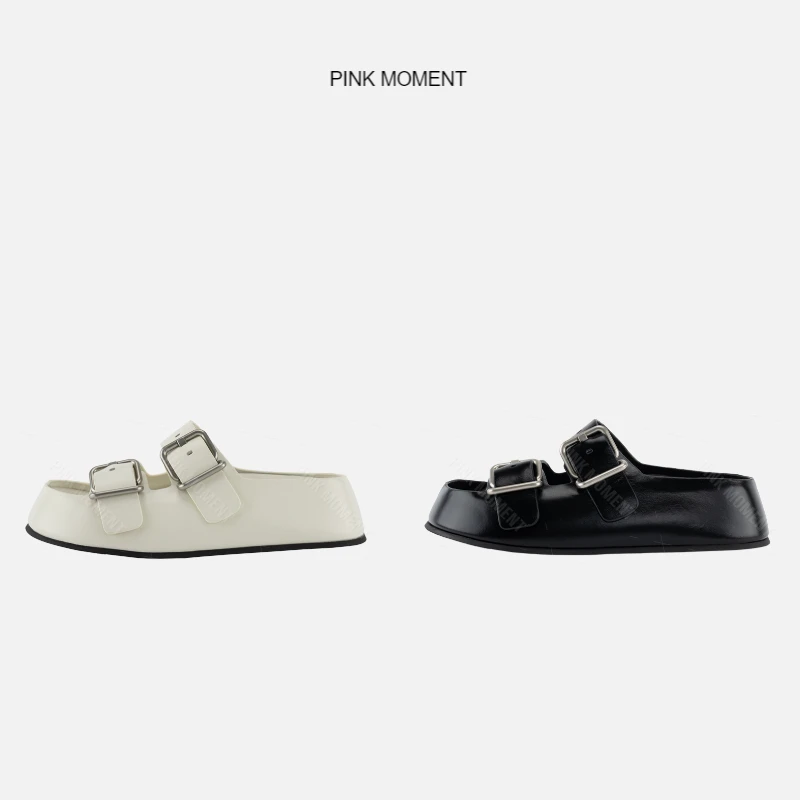 PM王囡囡 黑/白舒服带扣一字面包鞋 ND1B0931