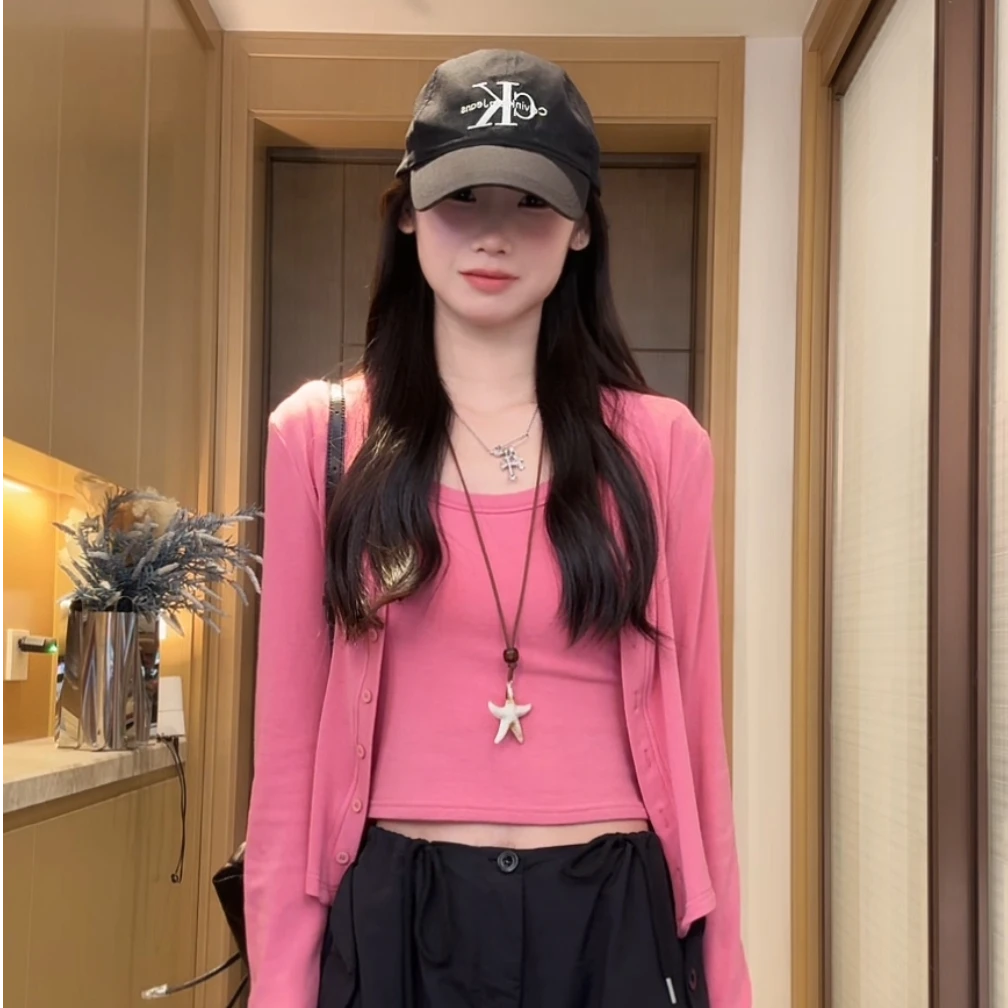 早秋高密棉纯欲空调防晒慵懒风开衫长袖短外套高弹+吊带内搭背心