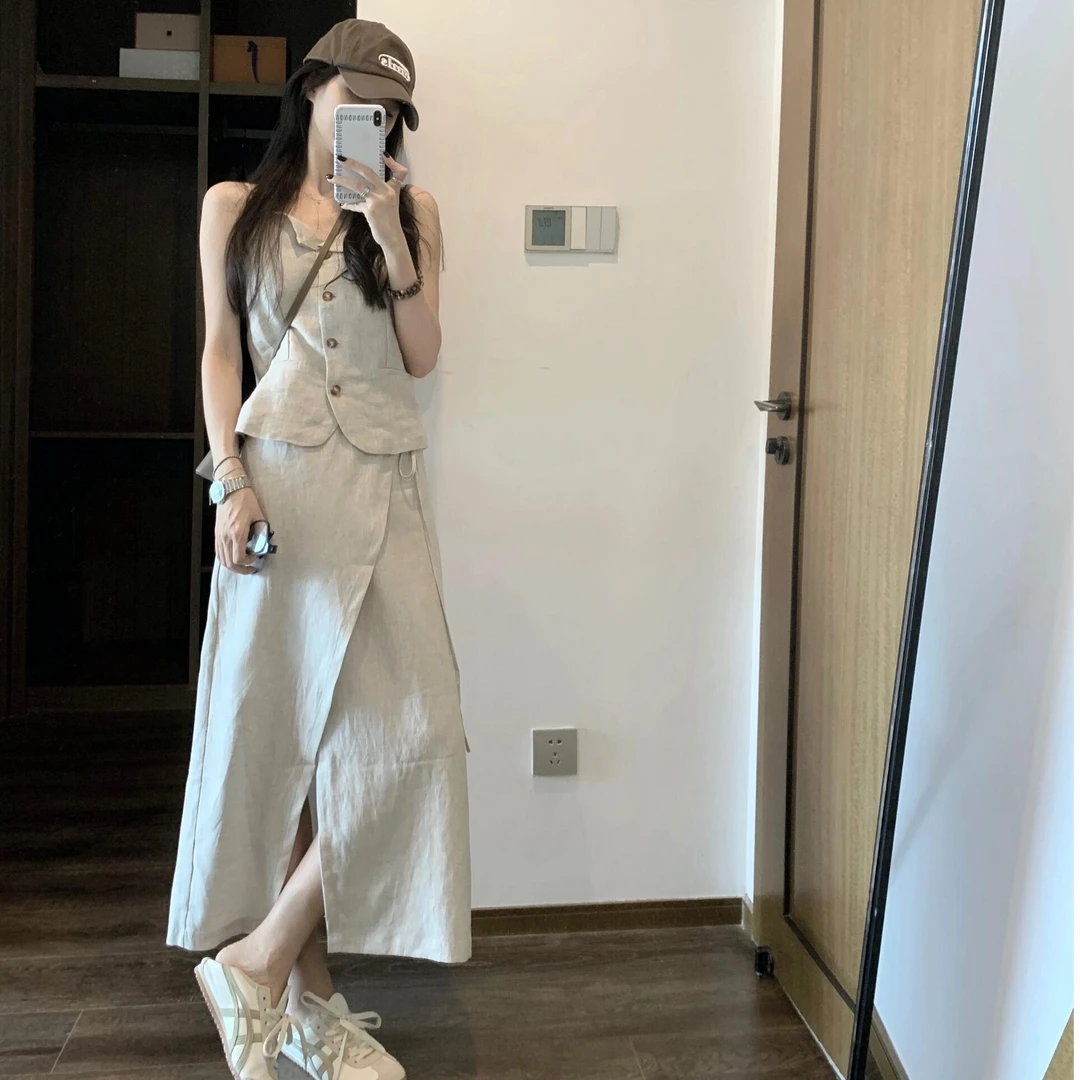 韩系高级感淡人穿搭小个子独特漂亮小香风杏色马甲半身裙套装女夏