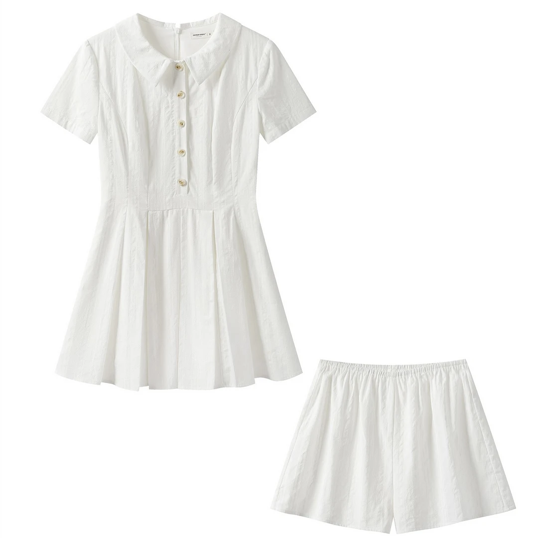 【现现】白色翻领短袖连衣裙短裤套装女法式两件套Y50651007