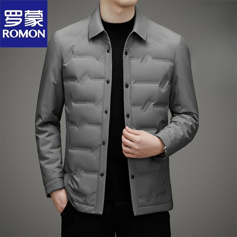 Romon/罗蒙羽绒夹克男轻薄保暖2024秋新款鸭绒外套翻领休闲衬衫式