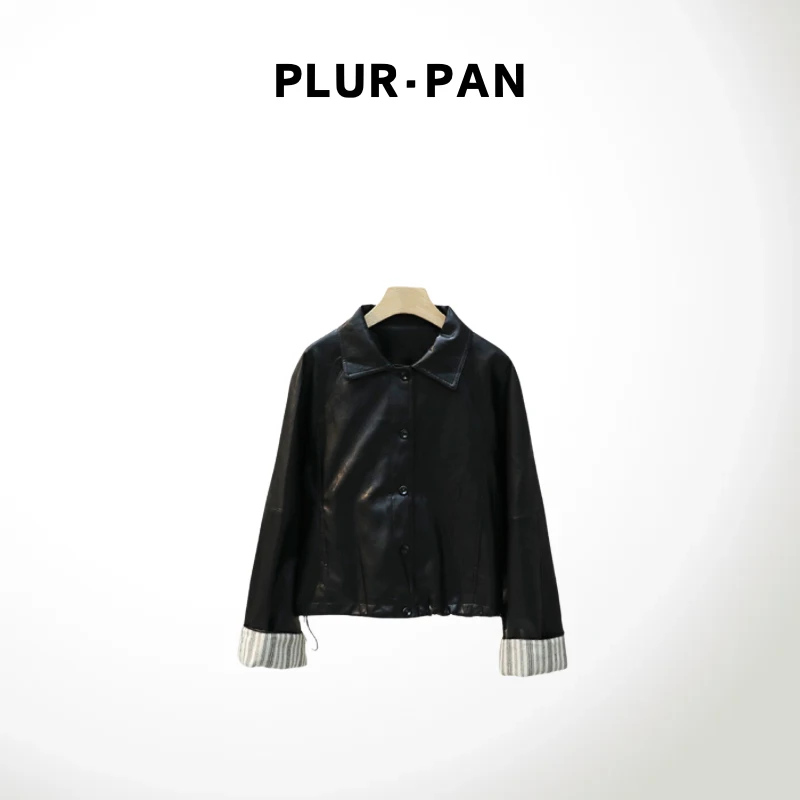 PLUR·PAN复古拼接袖翻领休闲宽松皮衣外套