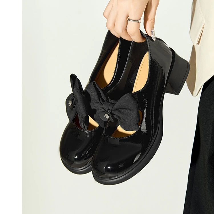 卓家女鞋时尚蝴蝶结粗跟玛丽珍鞋新款浅口单鞋百搭高跟鞋 4113