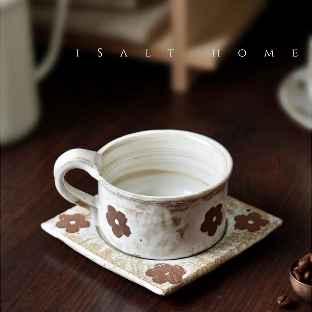 手作粗陶浮雕花朵咖啡杯水杯碟套装拉花杯拿铁杯创意复古下午茶杯