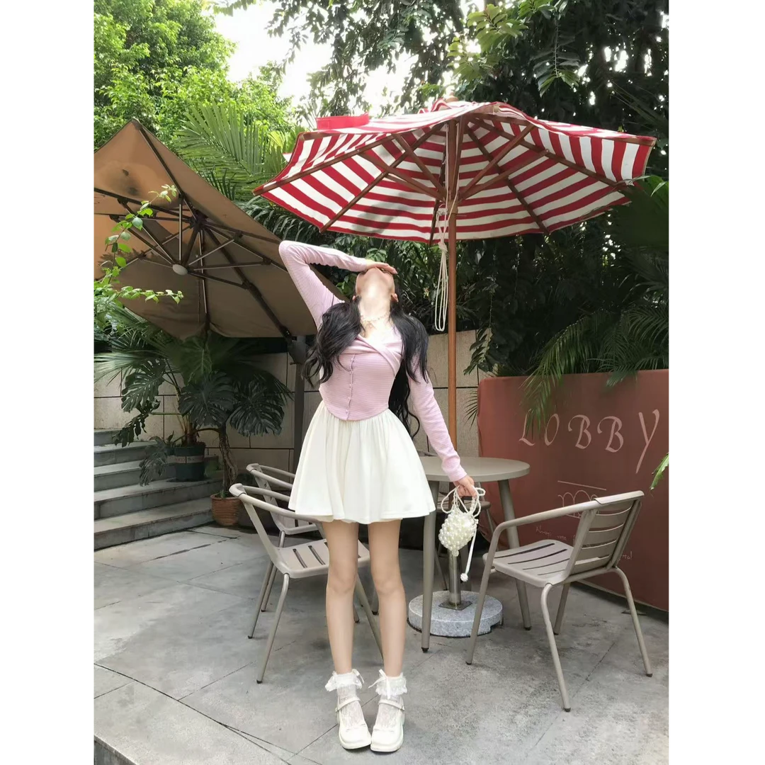 【QIANJIN】‘蜜桃白茶’秋季甜美显瘦收腰针织修身套装连衣裙QL86296