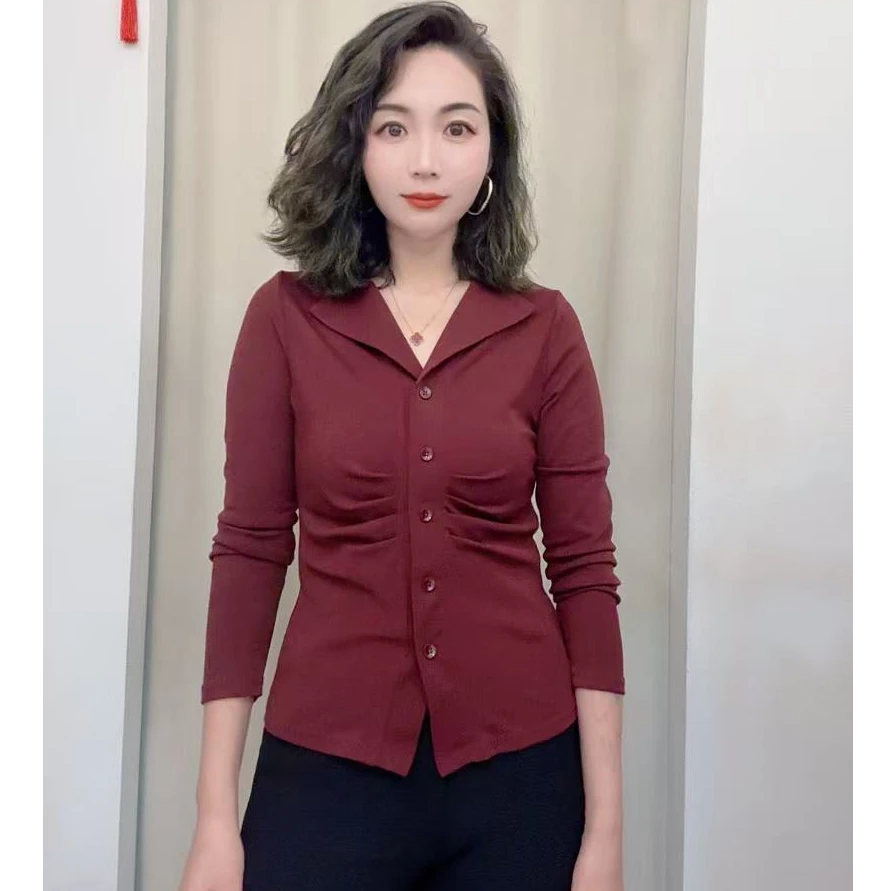 春秋季新款长袖打底衫女气质时尚洋气气质百搭收腰显瘦纯色小衫