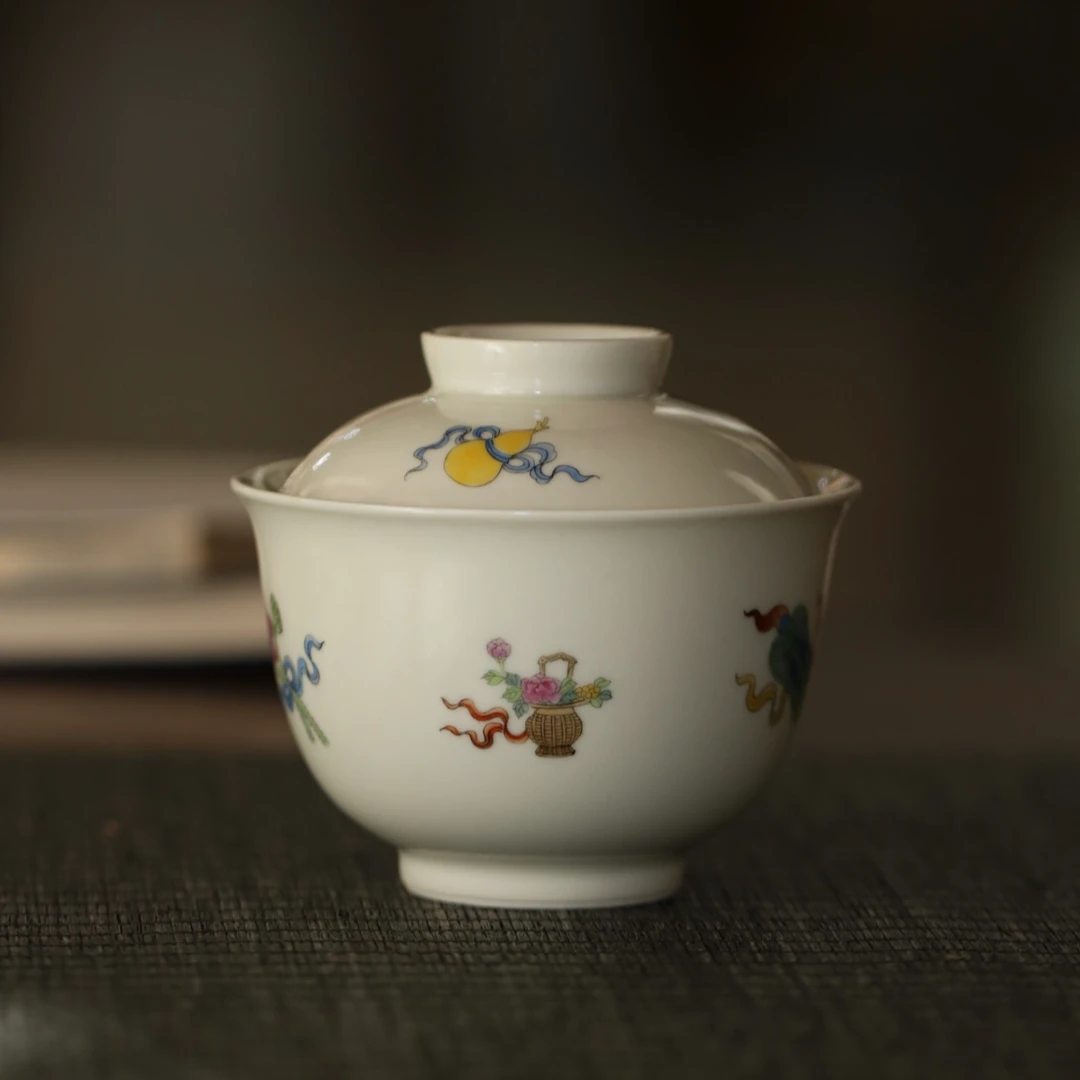 景德镇陶瓷全手工仿古定窑白八宝纹饰釉上彩二才盖碗大号泡茶碗