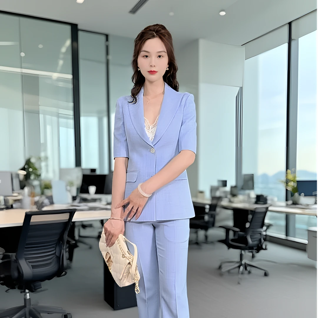 2025蓝色薄款夏季短袖时尚气质两件套轻奢女装女神范女西装套装