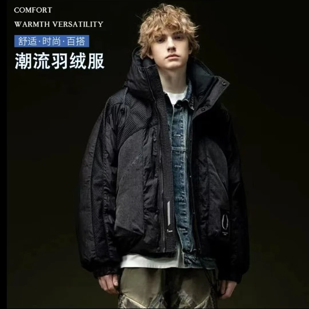 易麦正品牛仔拼接羽绒服男冬季新款加厚美式原创宽松易麦羽绒服