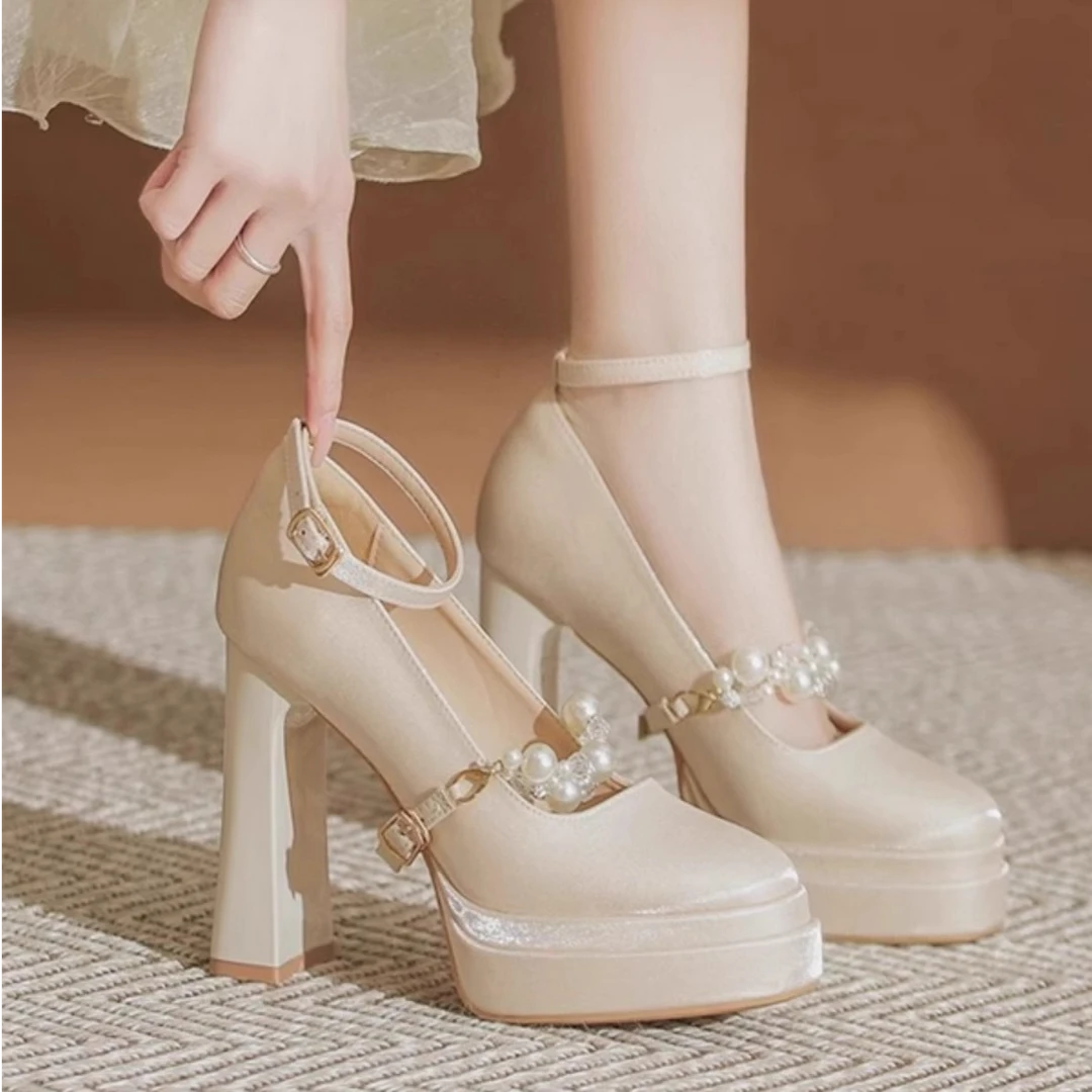 防水台香槟色玛丽珍婚鞋2025春季新款缎面法式高跟鞋粗跟女不累脚