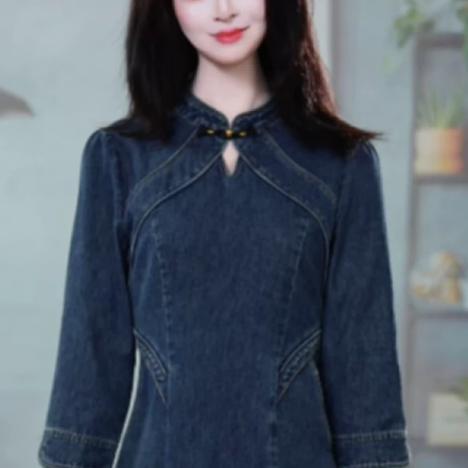 艾依裳服饰2025洋气修身收腰气质长袖减龄显瘦牛仔连衣裙M-4XL