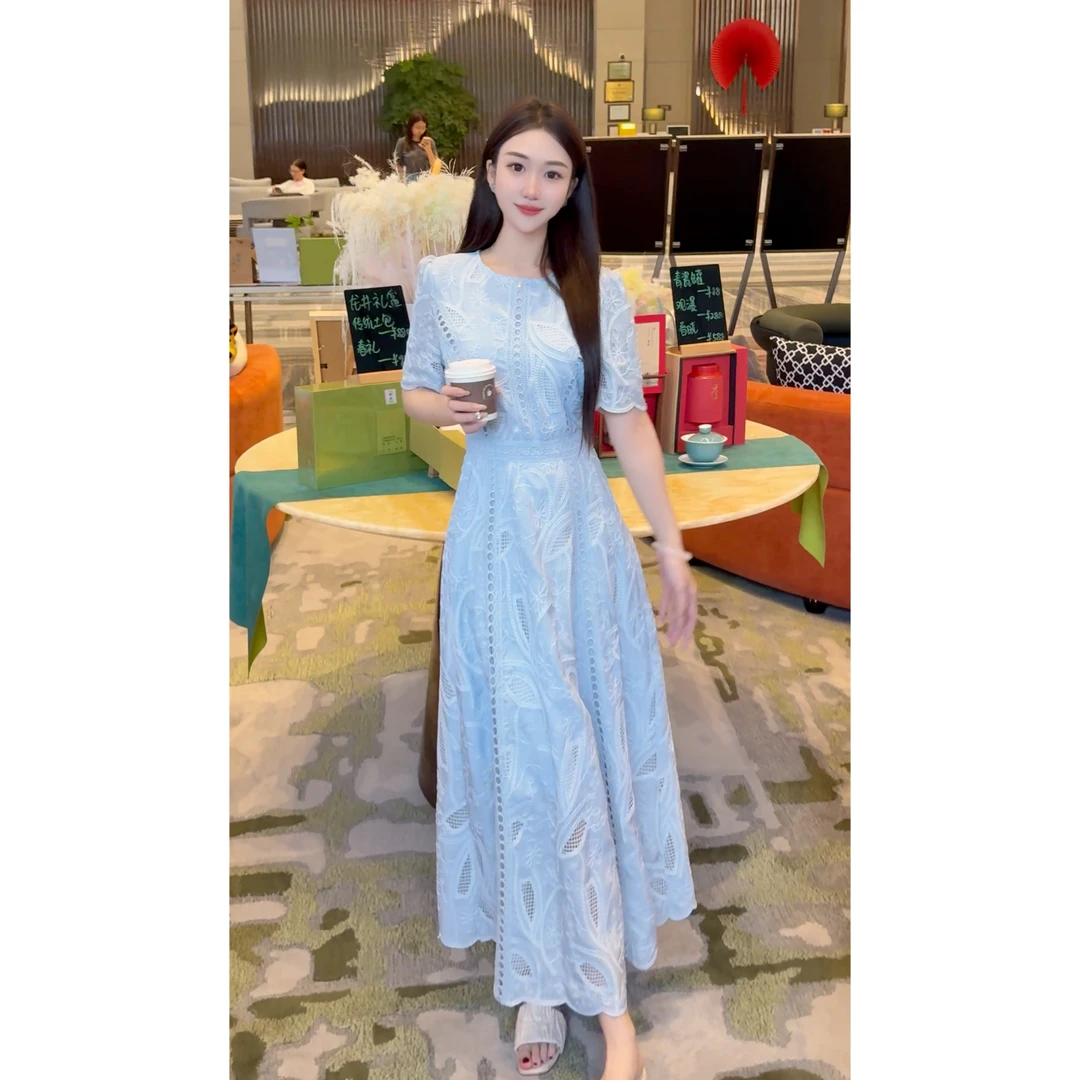缇彩【绮梦生花】优雅夏季裙子镂空花边圆领裙拼接显瘦连衣裙
